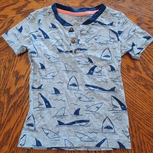 Carter's Sharks Short Sleeve Button Shirt Heather Gray Blue Boy Sz 3T